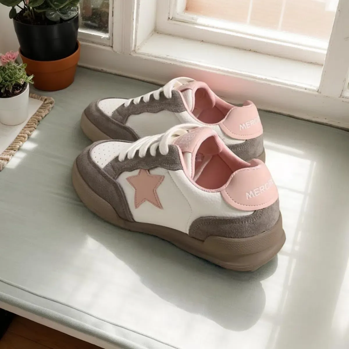 Women Platform Sneakers, Y2k Retro Star Shoes, Low Top Comfy Footwear Girls Cute Cream Color Teens Casual Wear School