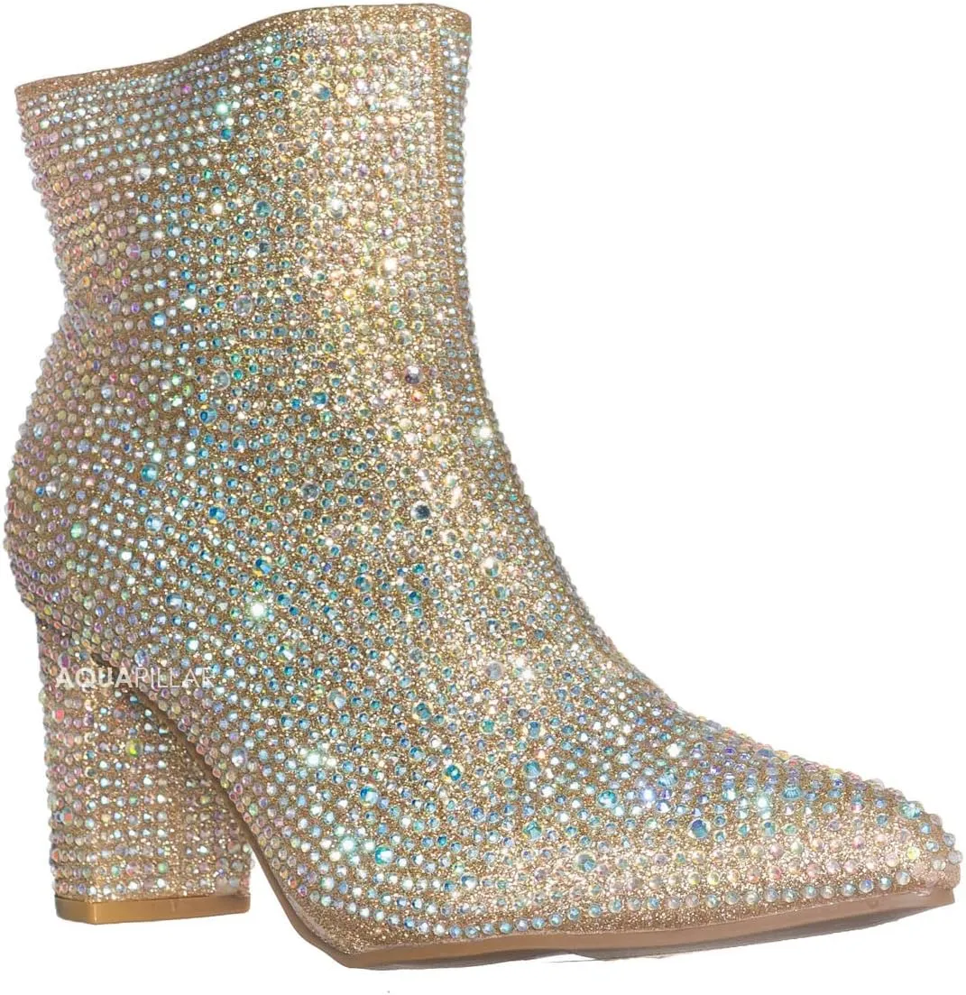 Women Rhinestone Block Chunky Heel Ankle Bootie