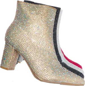Women Rhinestone Block Chunky Heel Ankle Bootie