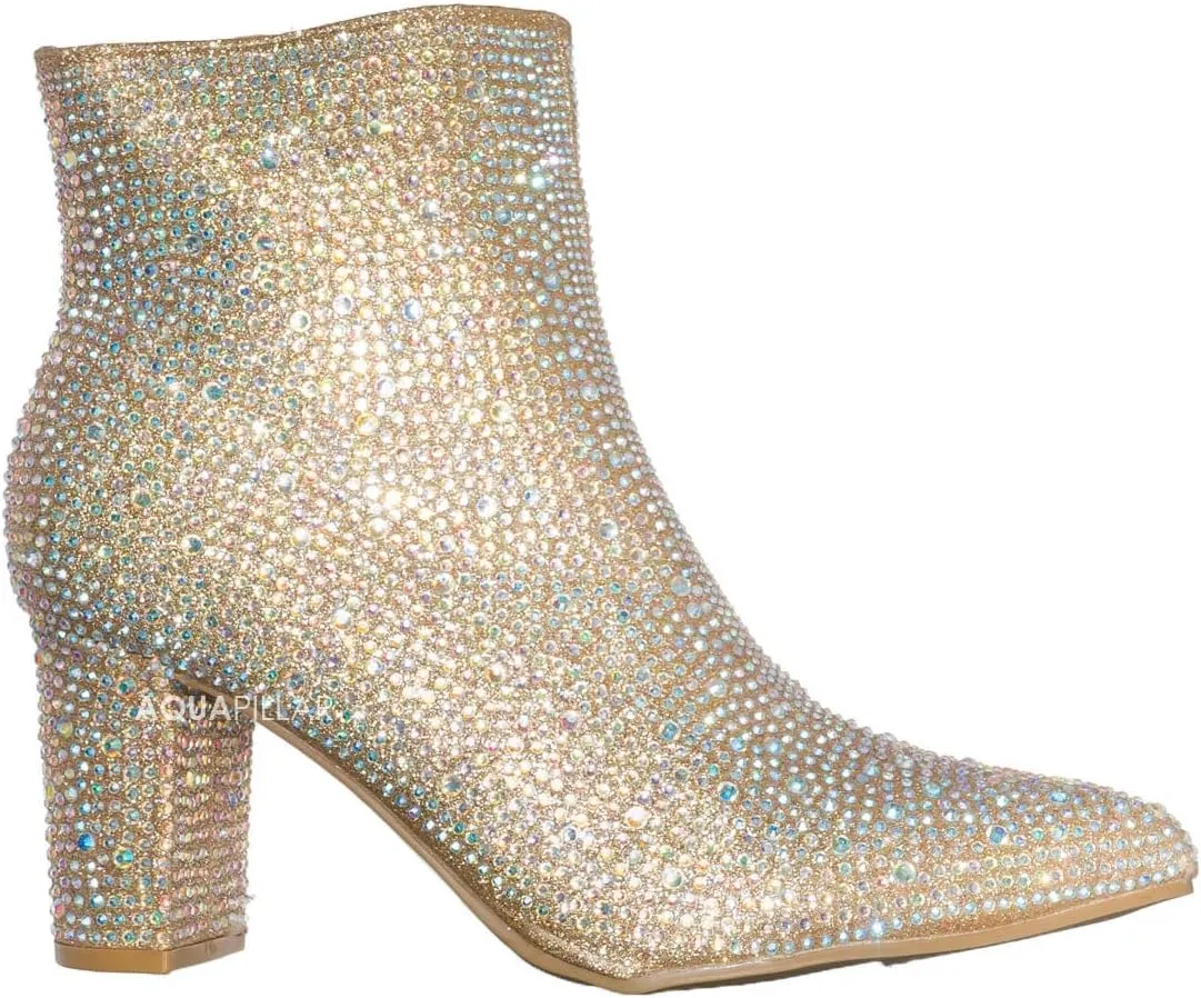 Women Rhinestone Block Chunky Heel Ankle Bootie