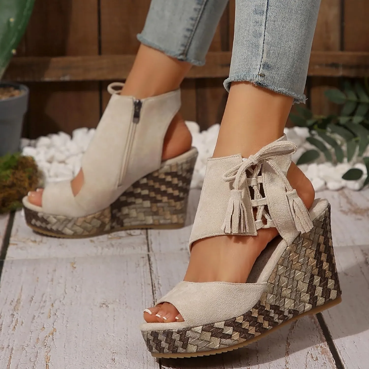 Women Sandals Platform Wedge Sandals High Top Suede Fish Mouth Open Toe Summer Vintage Casual Chunky Tassel Sandals