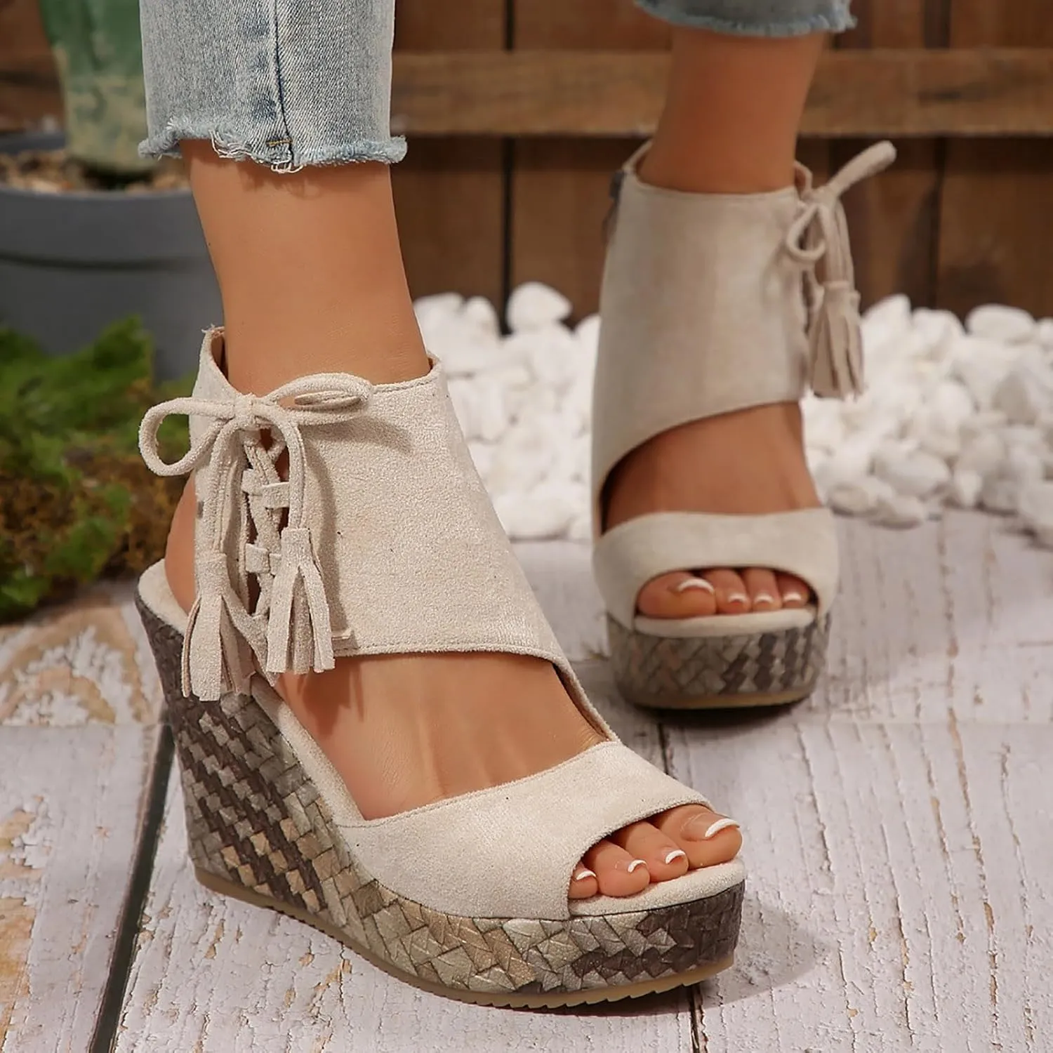 Women Sandals Platform Wedge Sandals High Top Suede Fish Mouth Open Toe Summer Vintage Casual Chunky Tassel Sandals