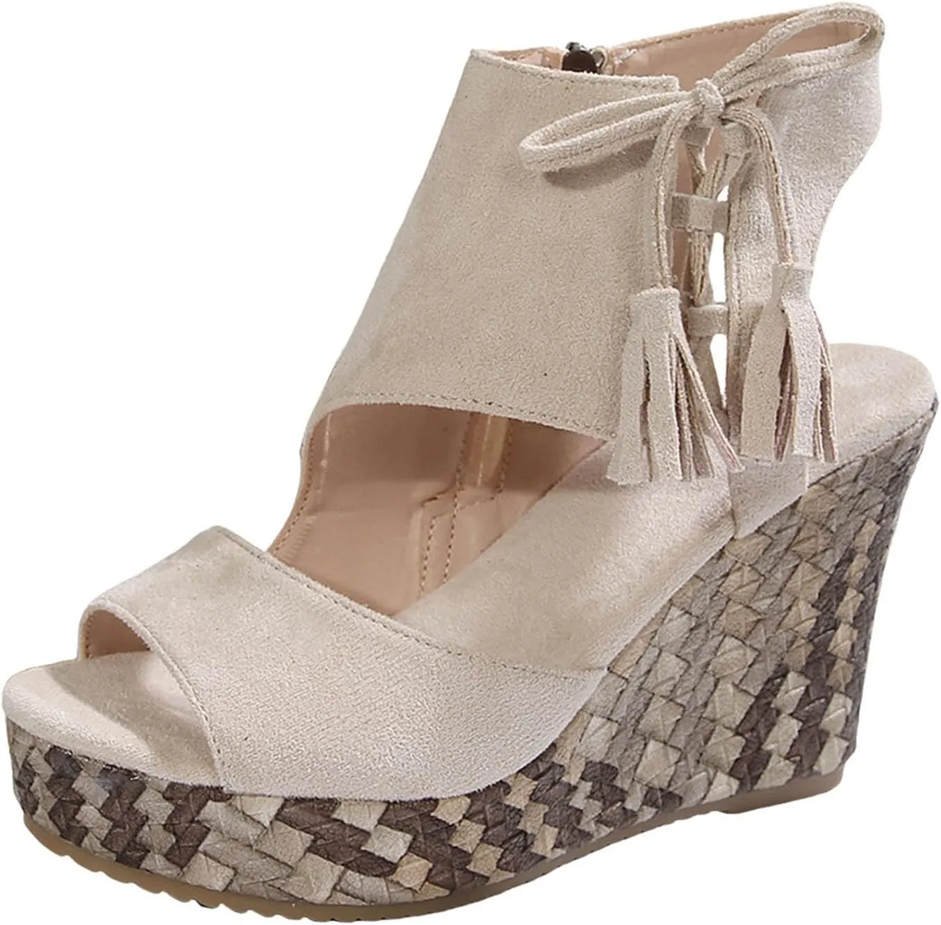 Women Sandals Platform Wedge Sandals High Top Suede Fish Mouth Open Toe Summer Vintage Casual Chunky Tassel Sandals