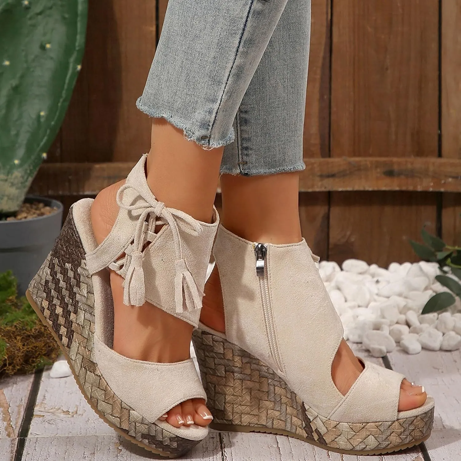 Women Sandals Platform Wedge Sandals High Top Suede Fish Mouth Open Toe Summer Vintage Casual Chunky Tassel Sandals