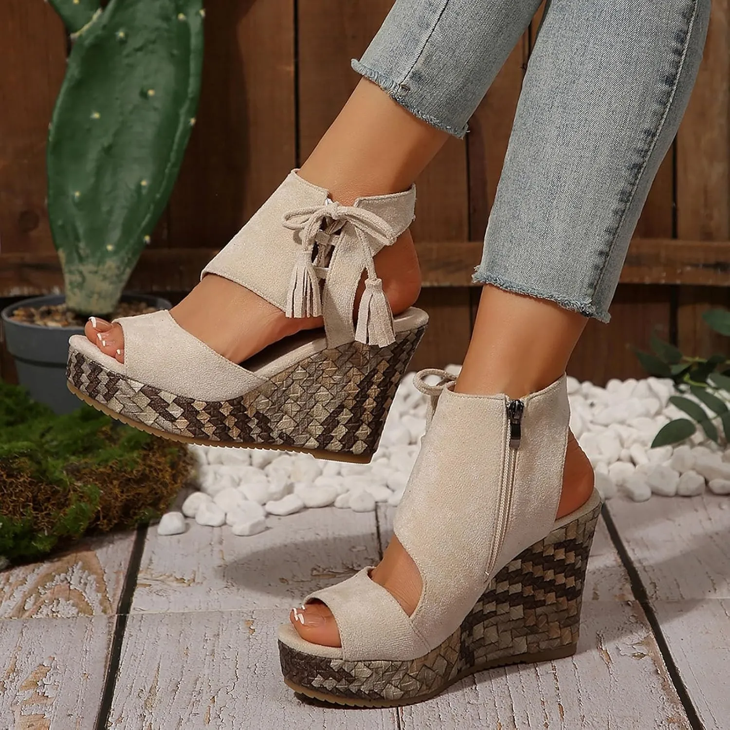 Women Sandals Platform Wedge Sandals High Top Suede Fish Mouth Open Toe Summer Vintage Casual Chunky Tassel Sandals