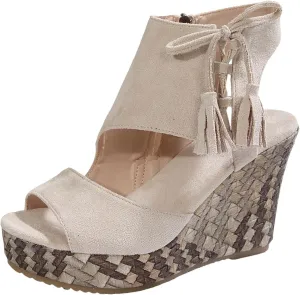 Women Sandals Platform Wedge Sandals High Top Suede Fish Mouth Open Toe Summer Vintage Casual Chunky Tassel Sandals