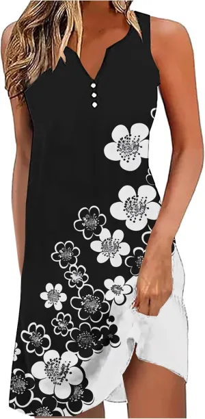 Women Sleeveless Casual Beach Dresses Boho Floral Print Sundress Comfortable Fashion Summer Clothes