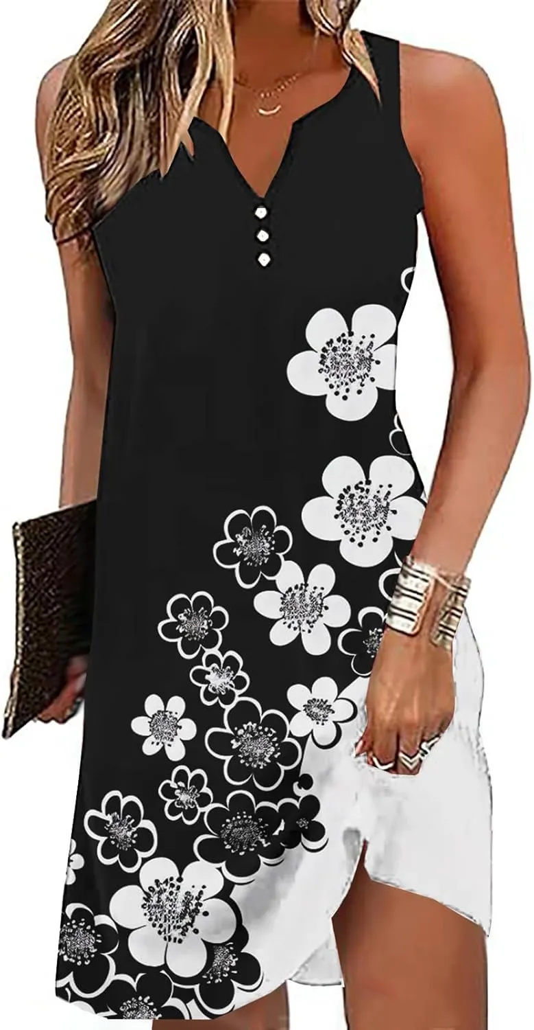 Women Sleeveless Casual Beach Dresses Boho Floral Print Sundress Comfortable Fashion Summer Clothes
