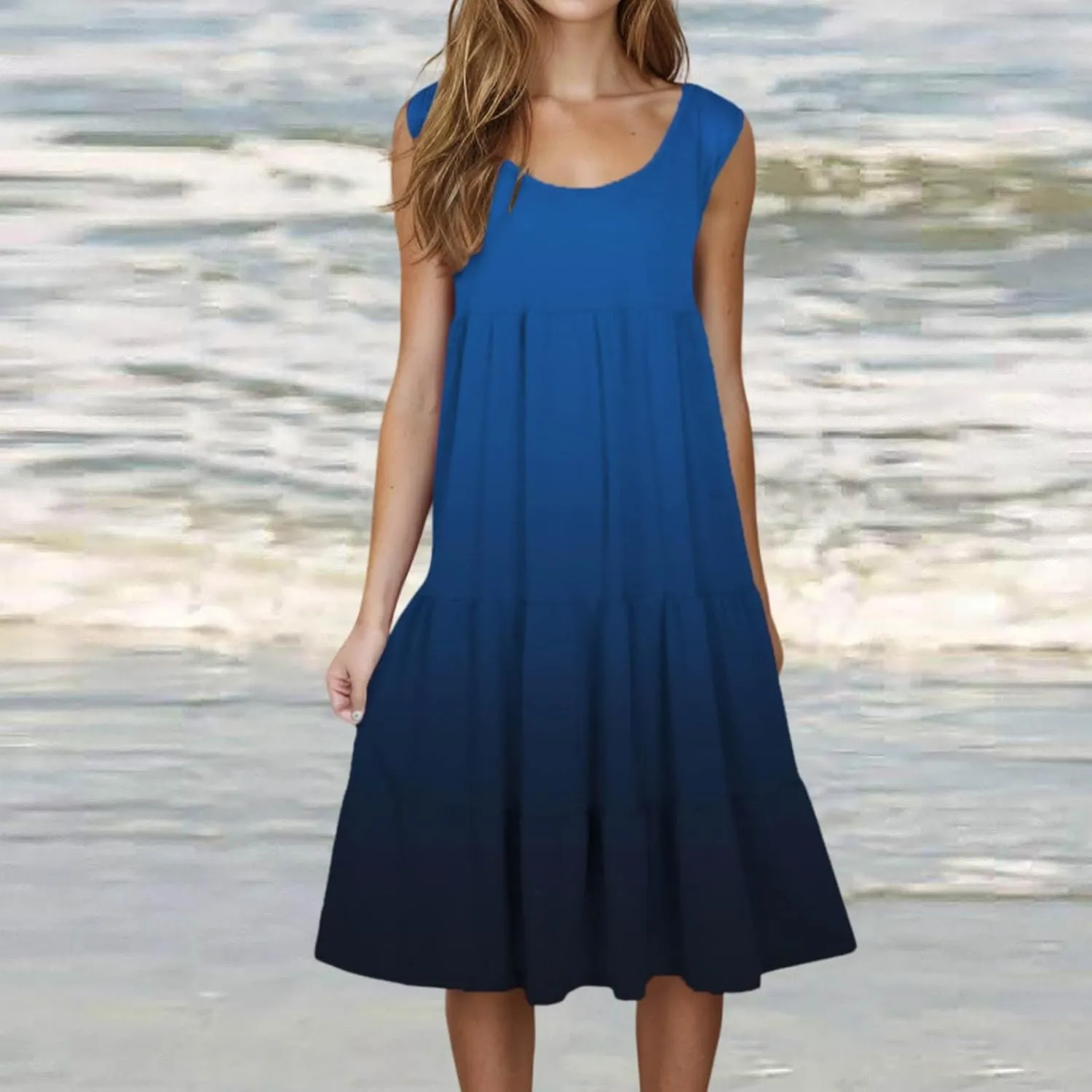 Women Sleeveless Loose Sundresses Gradient Graphic Print Dresses Fashion Casual Beach Tiered Dress