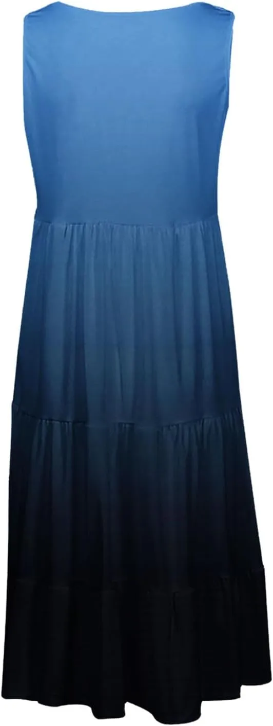 Women Sleeveless Loose Sundresses Gradient Graphic Print Dresses Fashion Casual Beach Tiered Dress