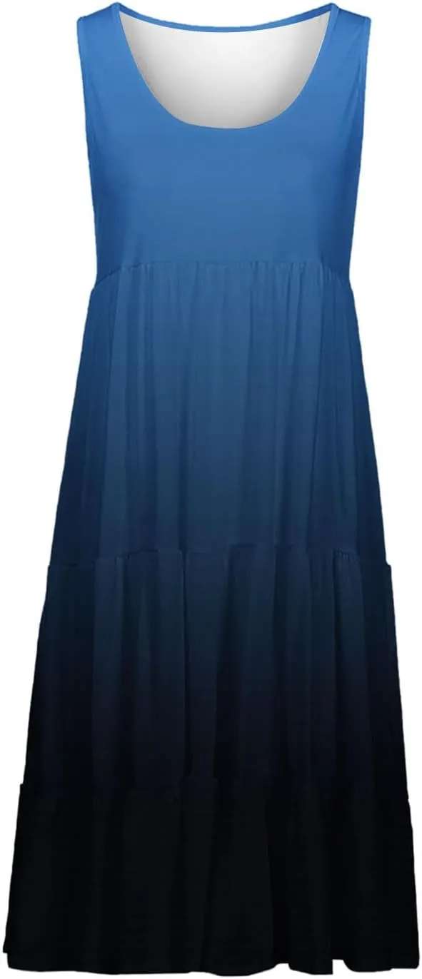 Women Sleeveless Loose Sundresses Gradient Graphic Print Dresses Fashion Casual Beach Tiered Dress