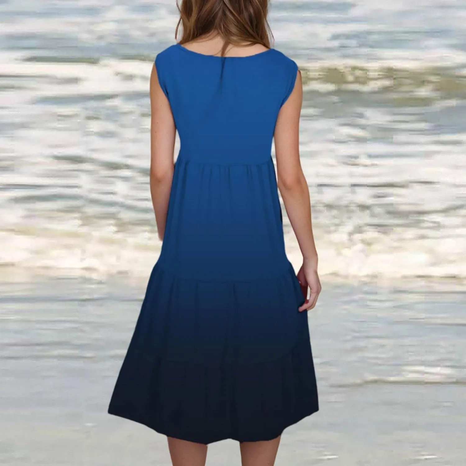 Women Sleeveless Loose Sundresses Gradient Graphic Print Dresses Fashion Casual Beach Tiered Dress