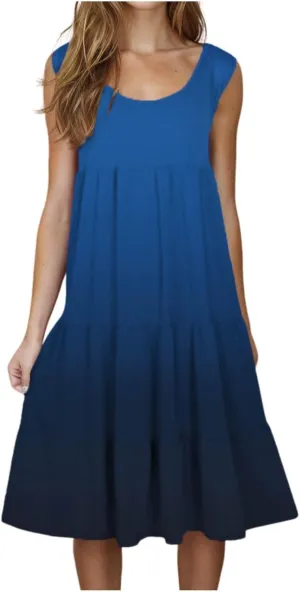 Women Sleeveless Loose Sundresses Gradient Graphic Print Dresses Fashion Casual Beach Tiered Dress