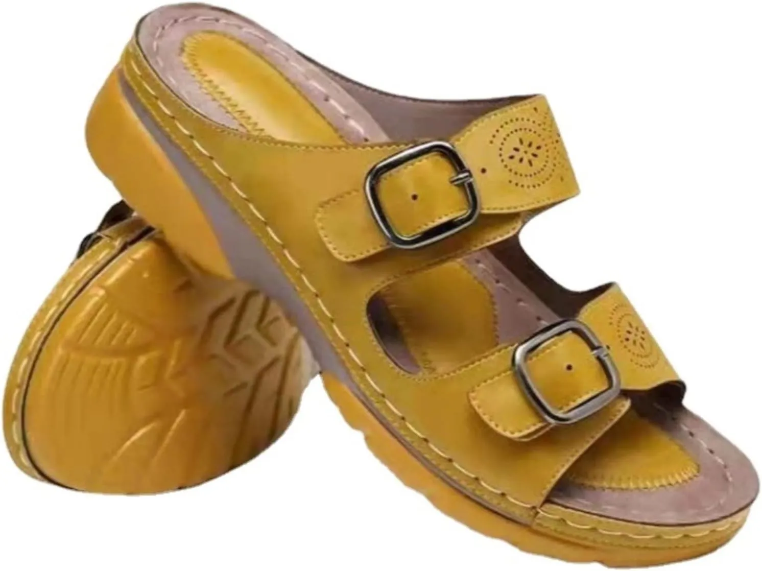Women Slide Sandals Comfortable Adjustable Double Buckle Open Toe Platform Sandal,Thick Sole Pillow Slippers Bathroom Sandals