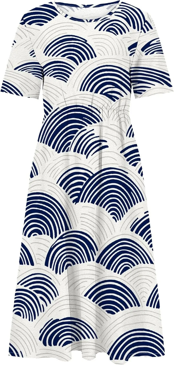 Women Summer Short Sleeve Midi Dress with Pockets Casual Aline Flowy Tshirt Dress Floral Vocation Beach Sundress