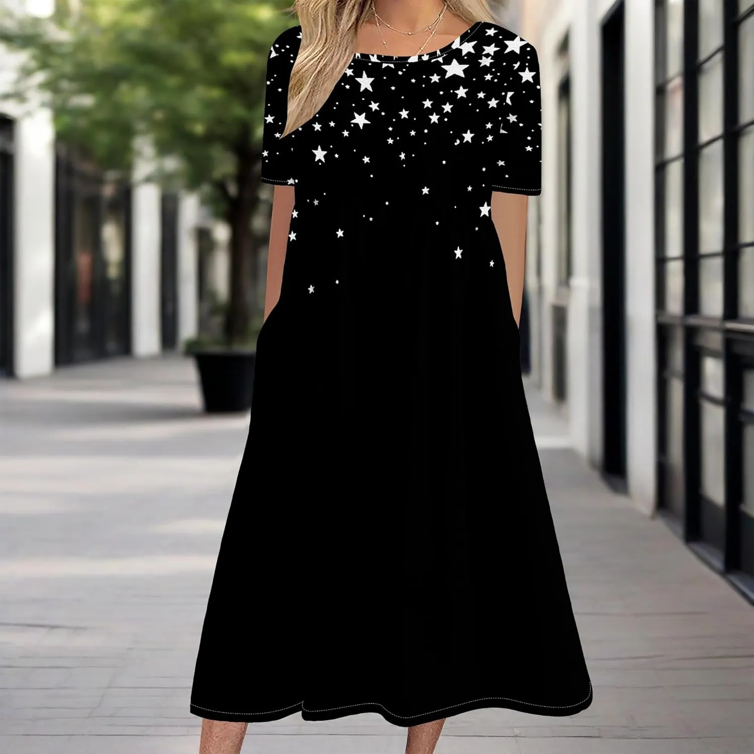 Women Summer Short Sleeve Midi Dress with Pockets Casual Aline Flowy Tshirt Dress Floral Vocation Beach Sundress