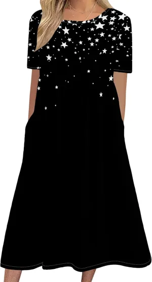 Women Summer Short Sleeve Midi Dress with Pockets Casual Aline Flowy Tshirt Dress Floral Vocation Beach Sundress