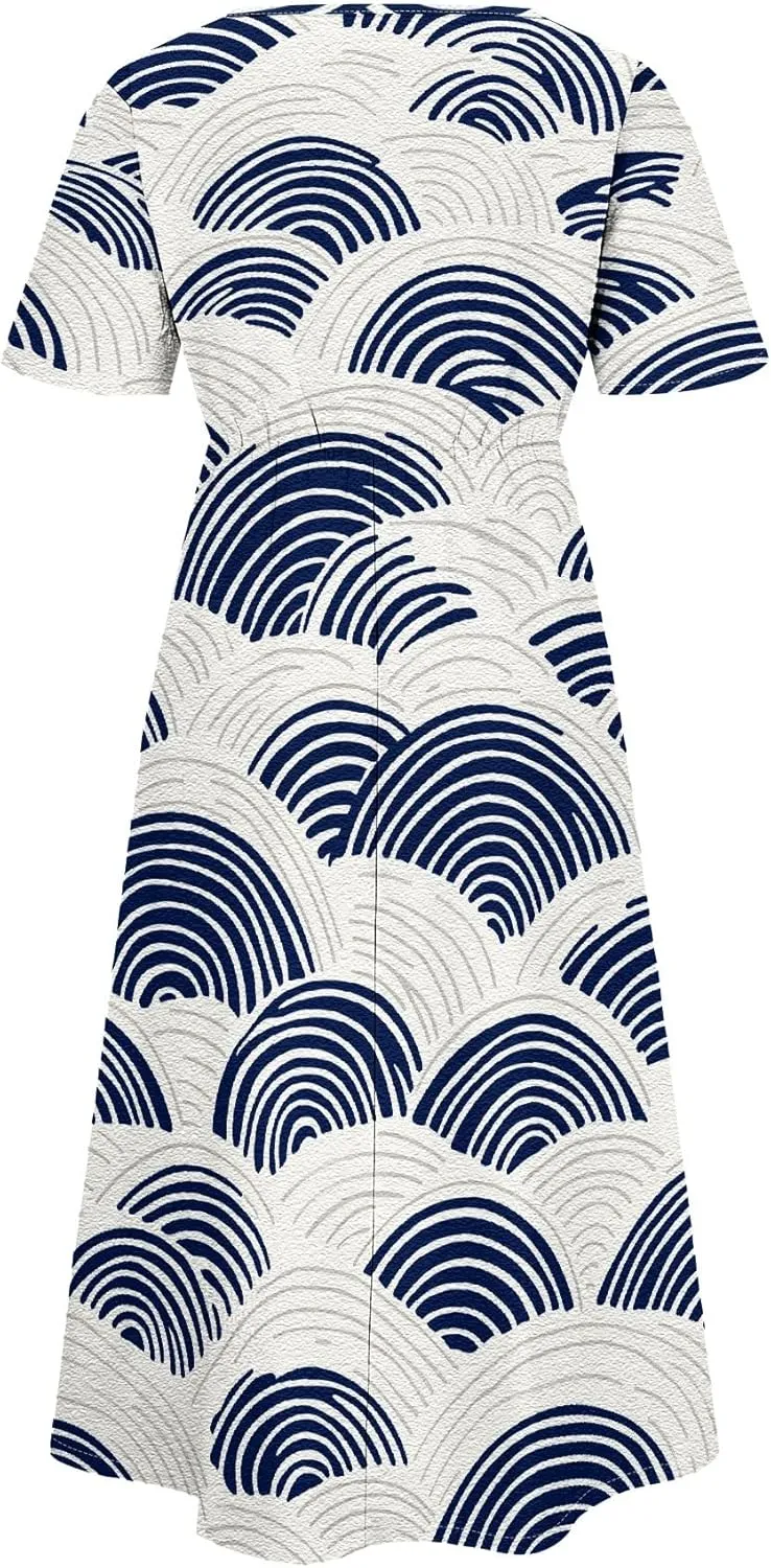 Women Summer Short Sleeve Midi Dress with Pockets Casual Aline Flowy Tshirt Dress Floral Vocation Beach Sundress