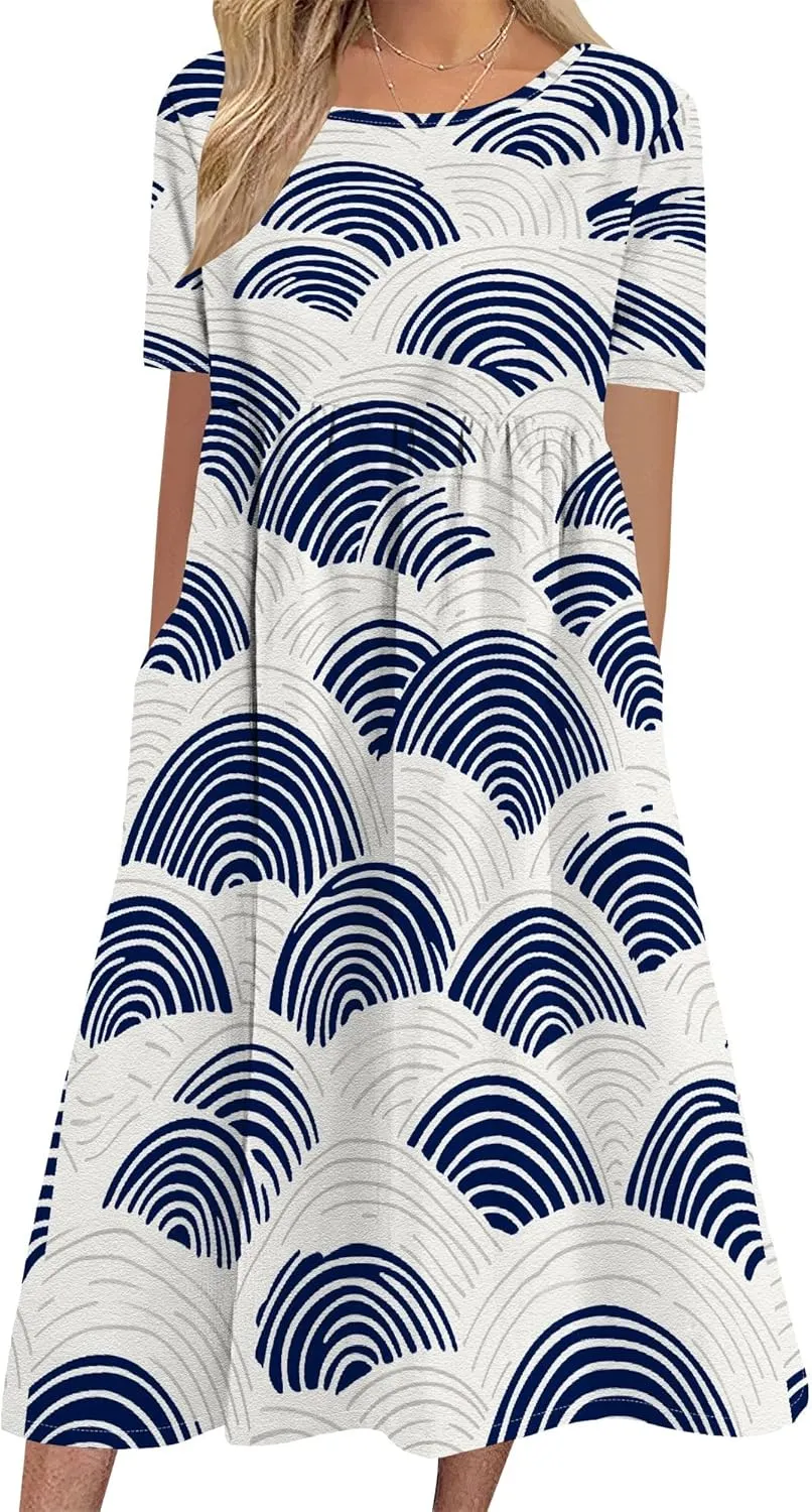 Women Summer Short Sleeve Midi Dress with Pockets Casual Aline Flowy Tshirt Dress Floral Vocation Beach Sundress