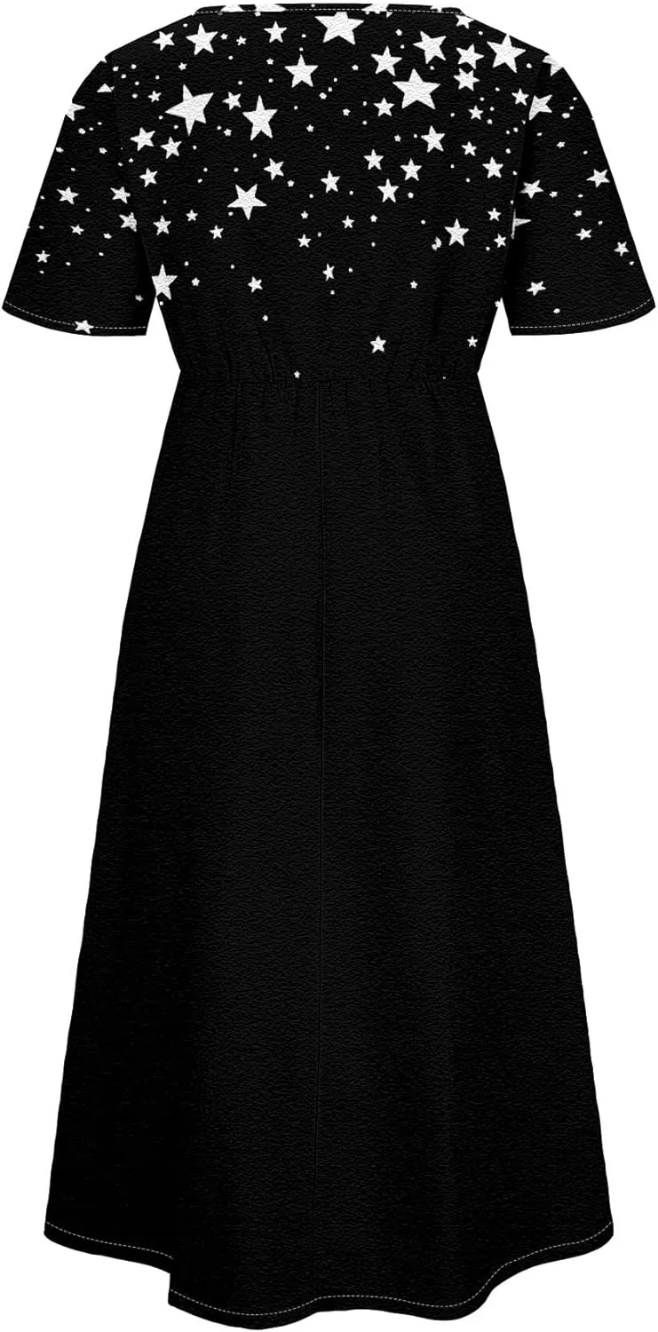 Women Summer Short Sleeve Midi Dress with Pockets Casual Aline Flowy Tshirt Dress Floral Vocation Beach Sundress