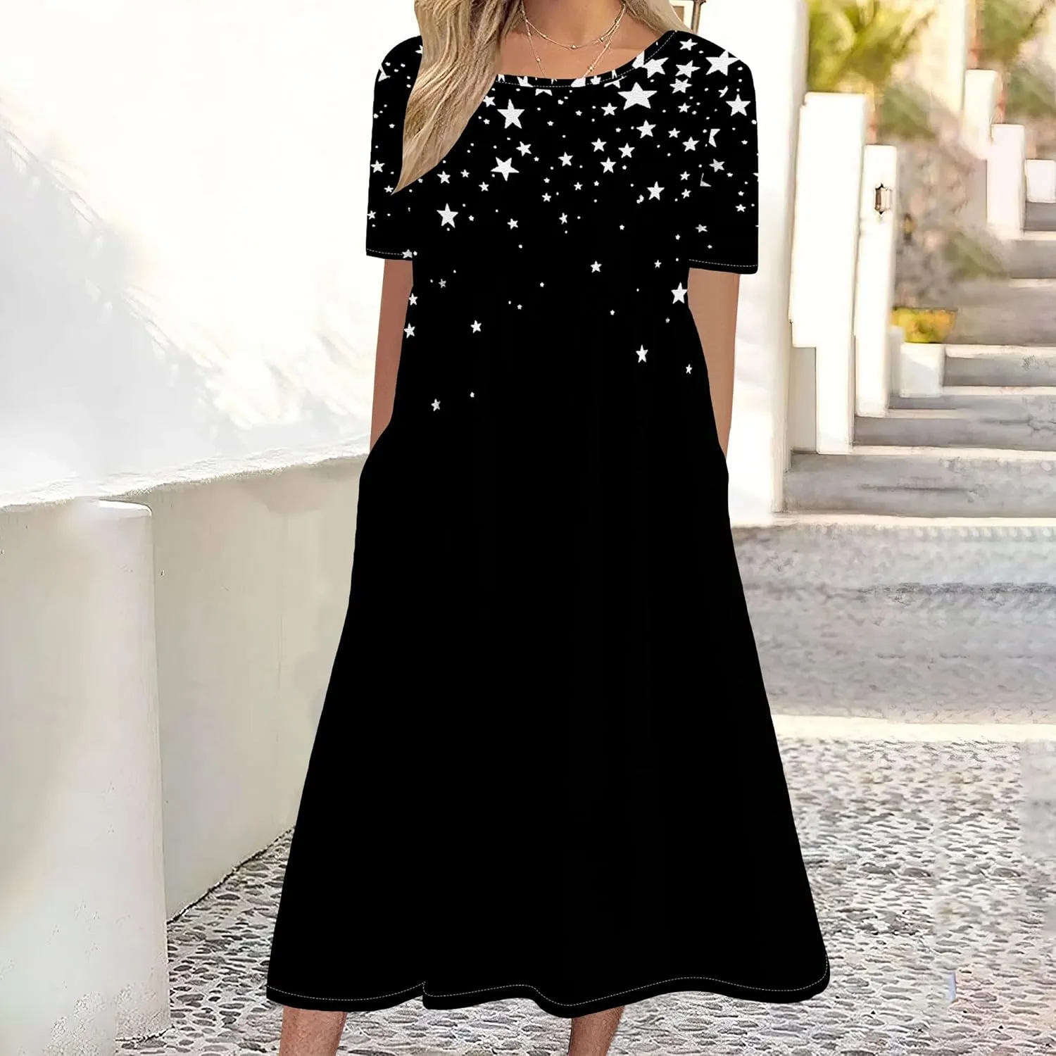 Women Summer Short Sleeve Midi Dress with Pockets Casual Aline Flowy Tshirt Dress Floral Vocation Beach Sundress