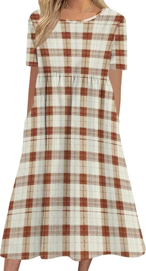 Women Summer Short Sleeve Midi Dress with Pockets Casual Aline Flowy Tshirt Dress Floral Vocation Beach Sundress