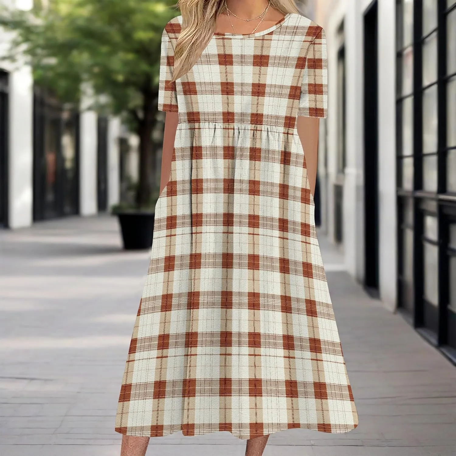 Women Summer Short Sleeve Midi Dress with Pockets Casual Aline Flowy Tshirt Dress Floral Vocation Beach Sundress