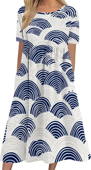 Women Summer Short Sleeve Midi Dress with Pockets Casual Aline Flowy Tshirt Dress Floral Vocation Beach Sundress