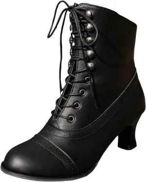 Women Victorian Wedding Bridal Boots Vintage Renaissance Boots Goth Lace Up Mid Calf Granny Boot Halloween Witch Shoes