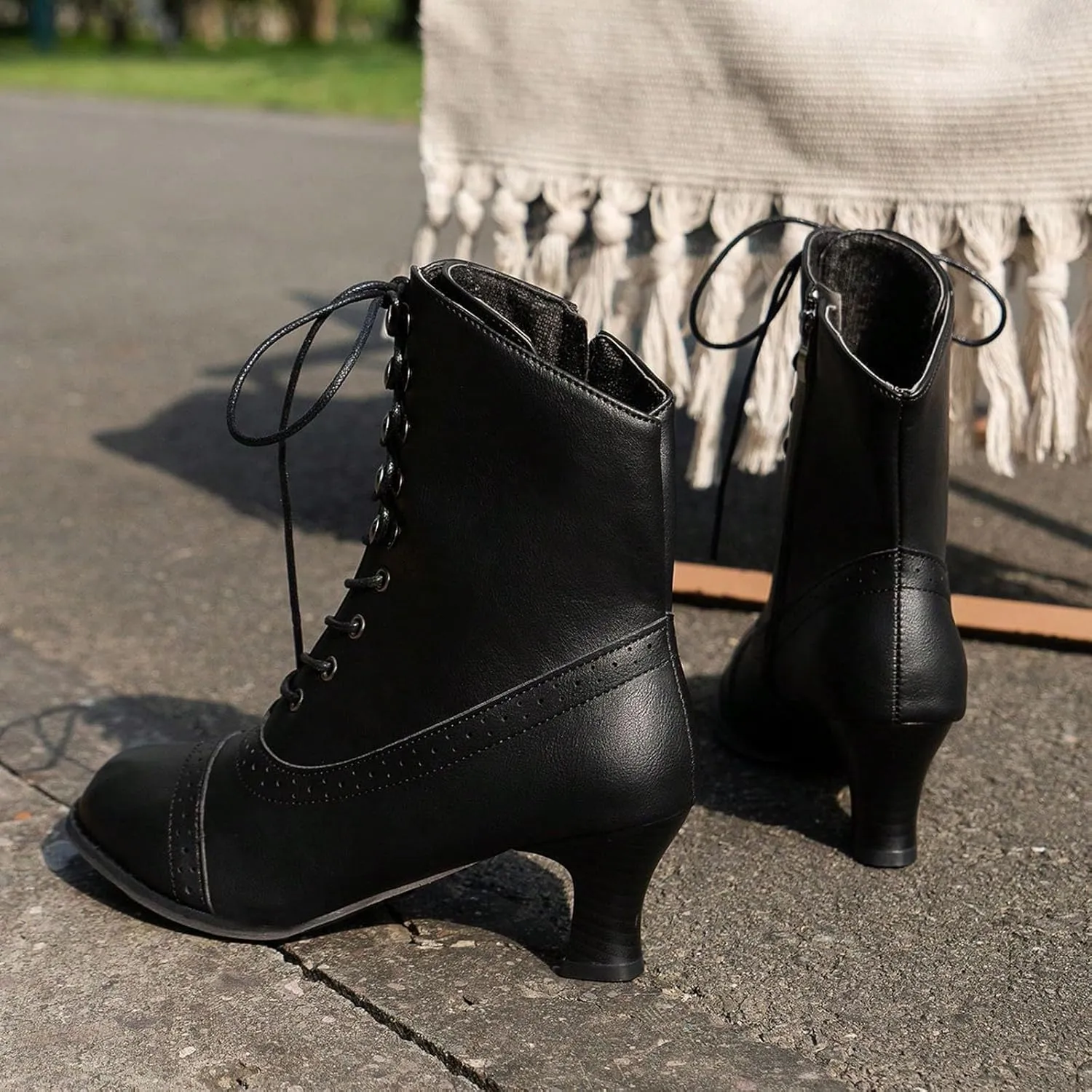Women Victorian Wedding Bridal Boots Vintage Renaissance Boots Goth Lace Up Mid Calf Granny Boot Halloween Witch Shoes