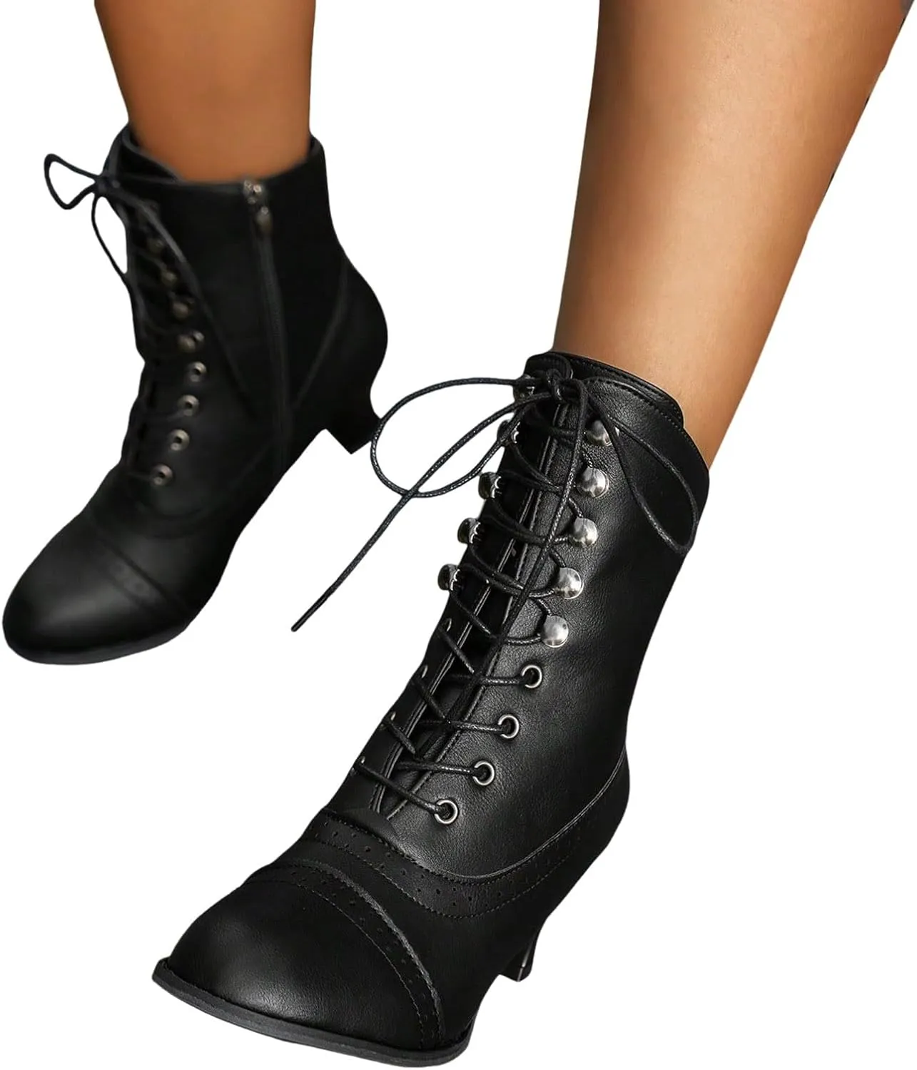 Women Victorian Wedding Bridal Boots Vintage Renaissance Boots Goth Lace Up Mid Calf Granny Boot Halloween Witch Shoes