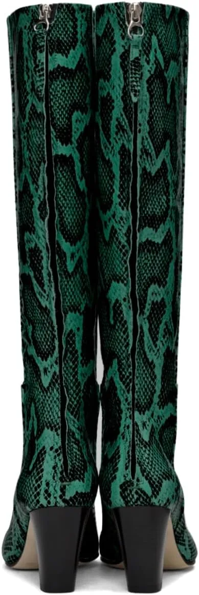 Women Vintage Chunky Block Heel Knee High Western Boots Pointed Closed Toe Snakeskin Boots Back Zipper Under Knee Combat Boots Two-Toned Fall Winter Boot Office Party Dressy Chic 4-11 M US