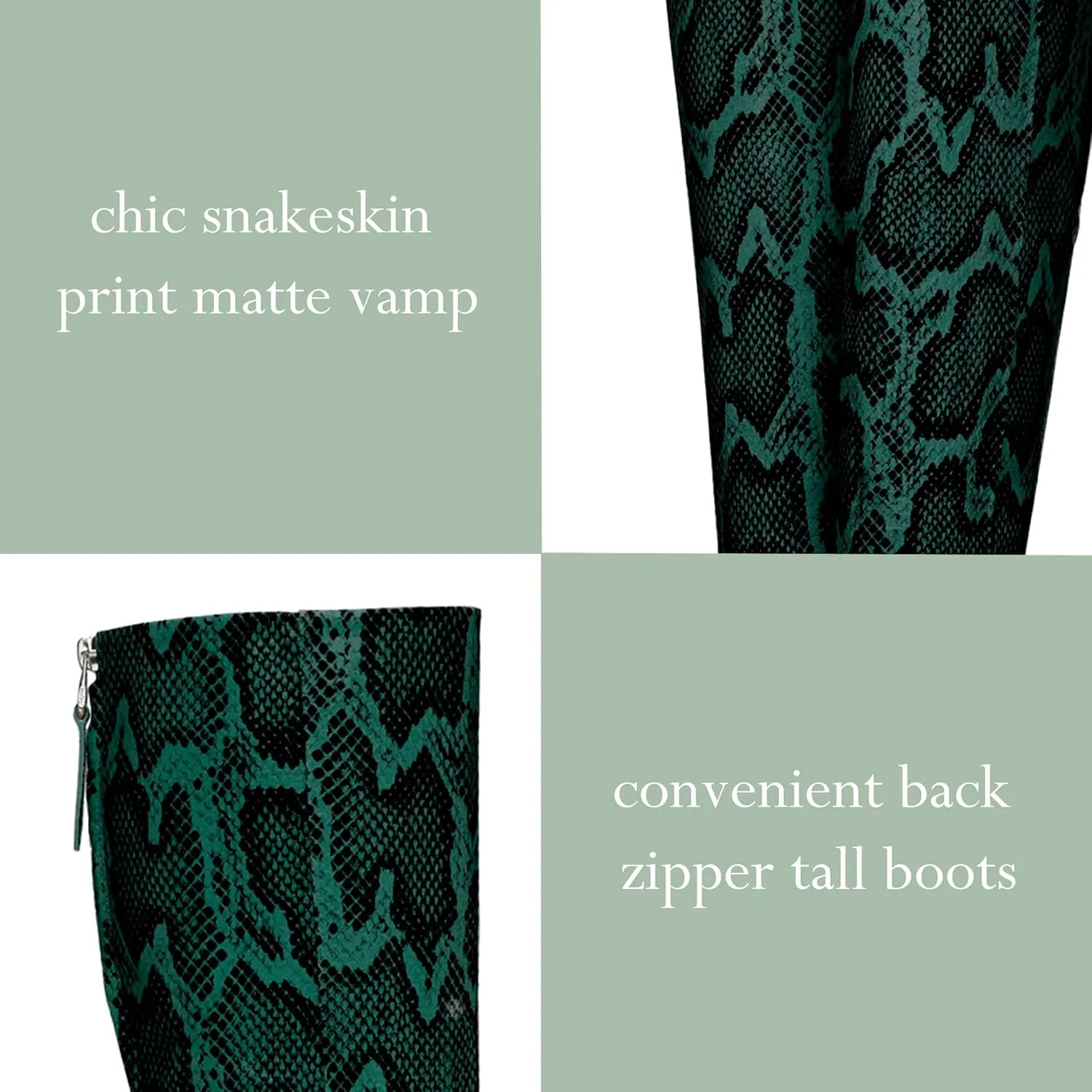 Women Vintage Chunky Block Heel Knee High Western Boots Pointed Closed Toe Snakeskin Boots Back Zipper Under Knee Combat Boots Two-Toned Fall Winter Boot Office Party Dressy Chic 4-11 M US