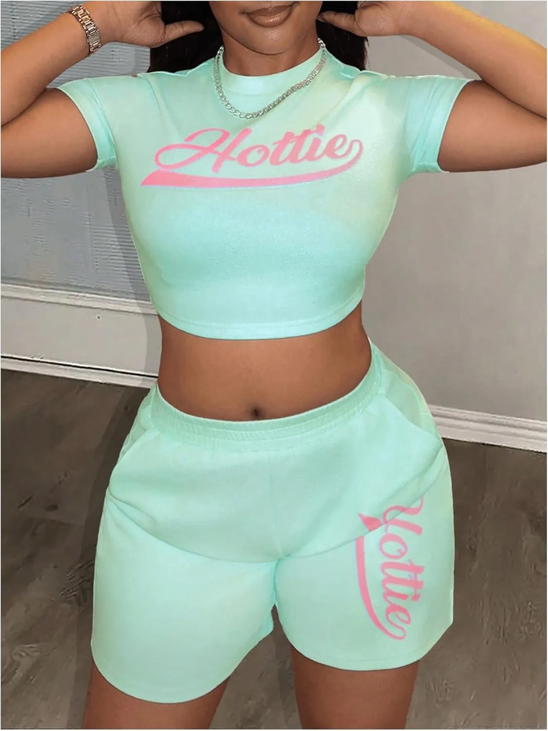 Women's 2 Piece Letter Graphic Tracksuit Short Sleeve Cropped T Shirt Track Shorts Set
