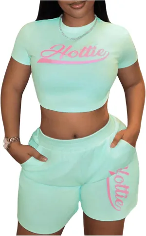 Women's 2 Piece Letter Graphic Tracksuit Short Sleeve Cropped T Shirt Track Shorts Set
