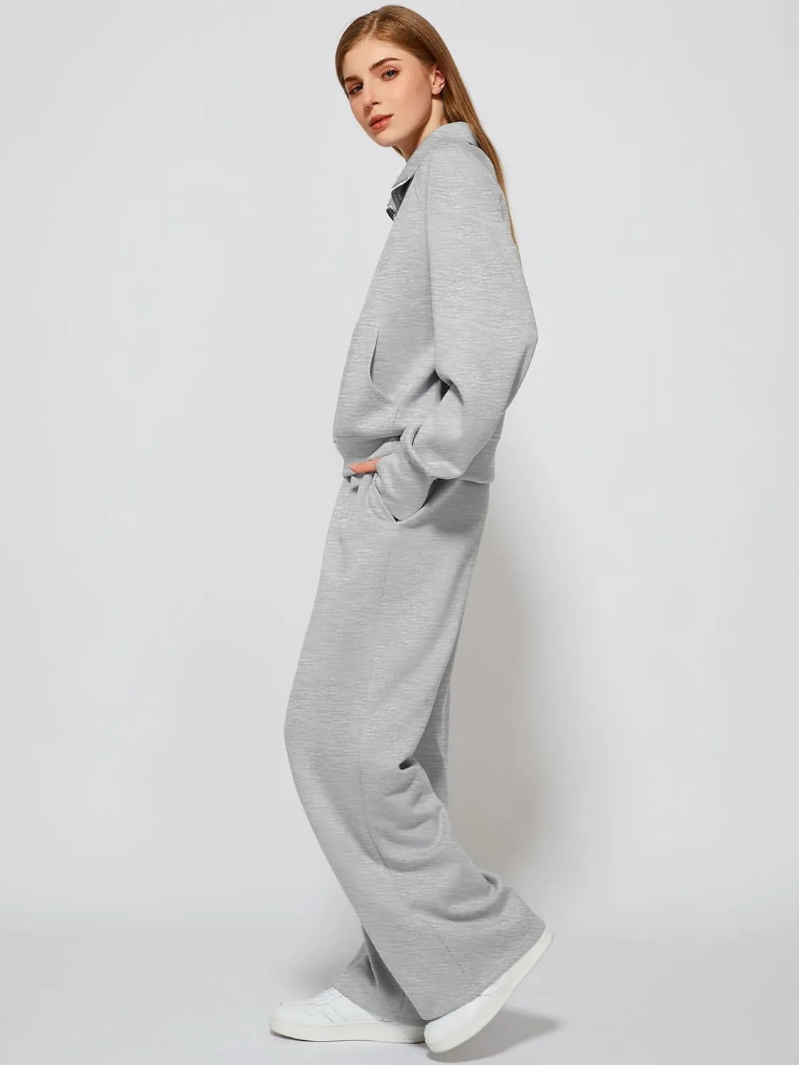 Women's 2 Piece Outfits Lounge Set 2025 Oversized Half Zip Sweatshirt Wide Leg Sweatpant Set Sweatsuit Tracksuit