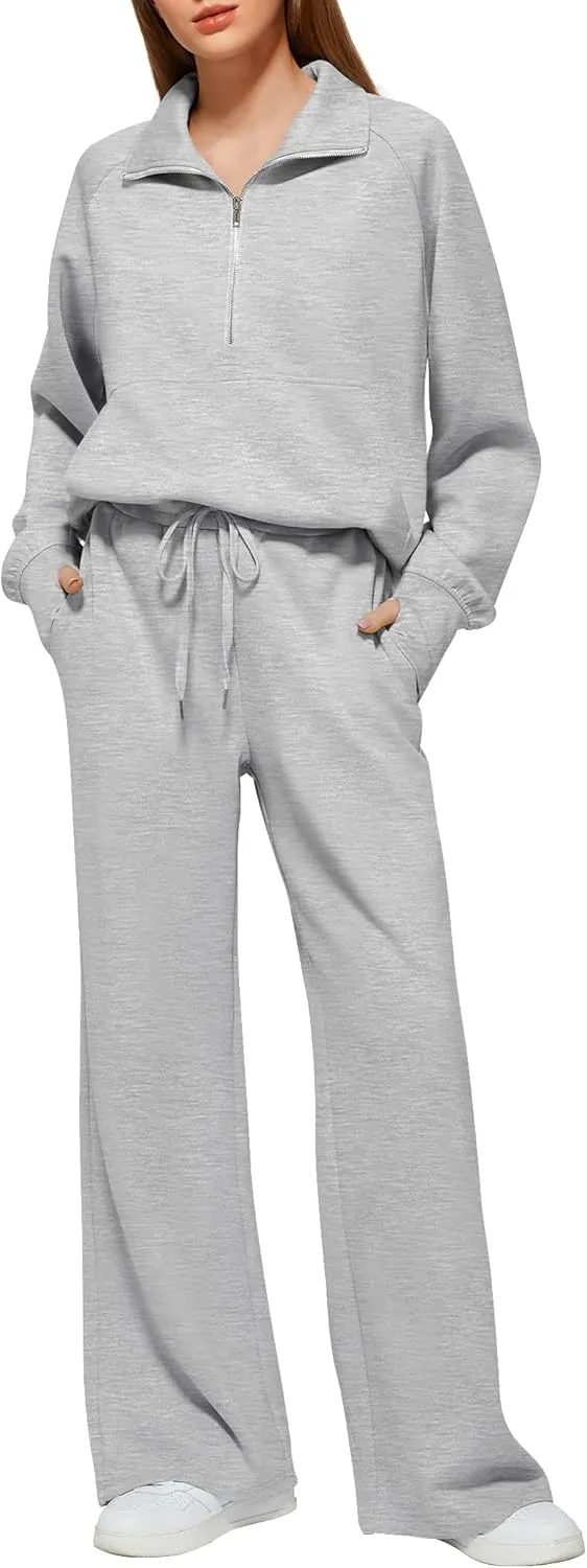 Women's 2 Piece Outfits Lounge Set 2025 Oversized Half Zip Sweatshirt Wide Leg Sweatpant Set Sweatsuit Tracksuit