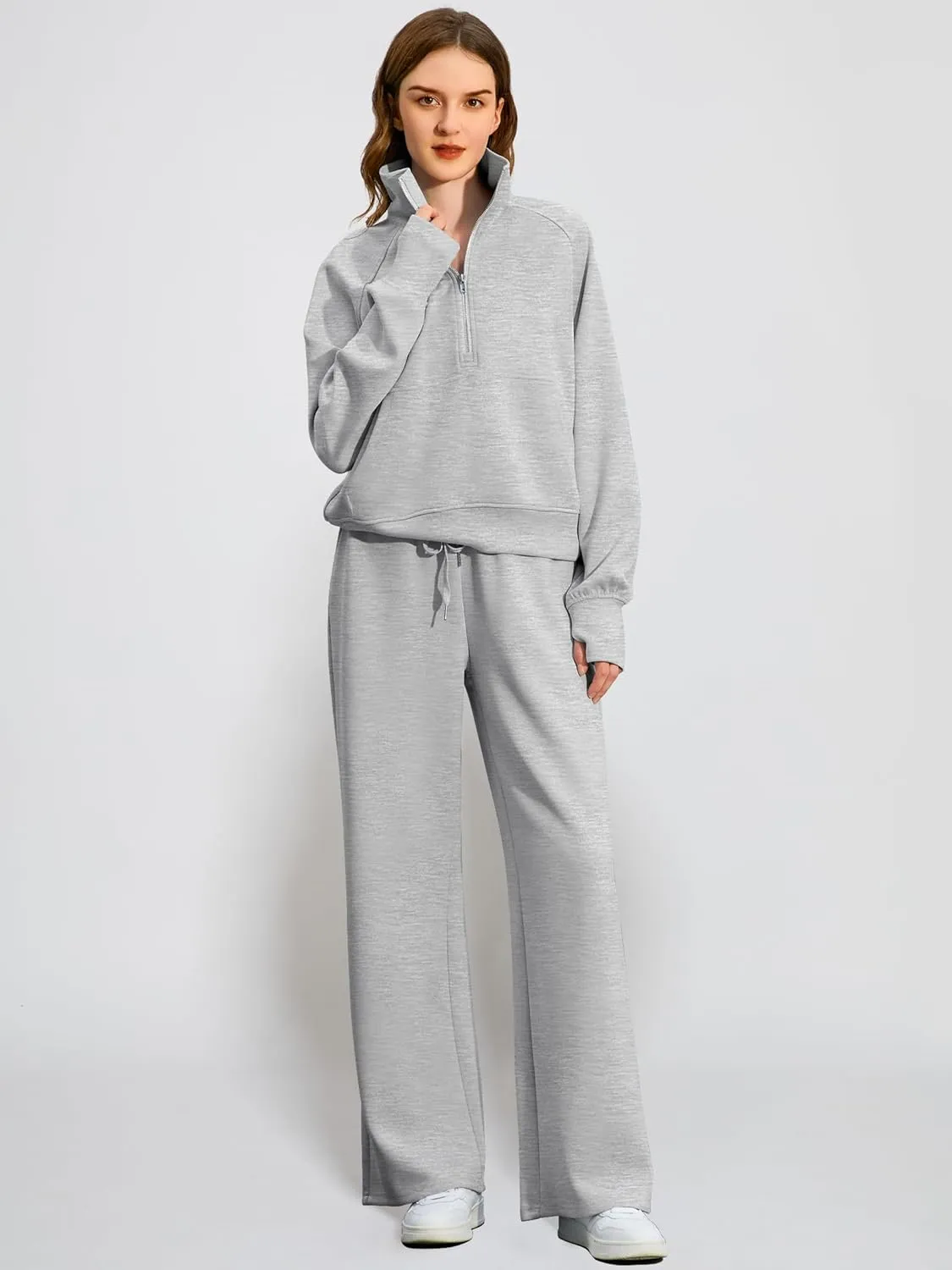 Women's 2 Piece Outfits Lounge Set 2025 Oversized Half Zip Sweatshirt Wide Leg Sweatpant Set Sweatsuit Tracksuit
