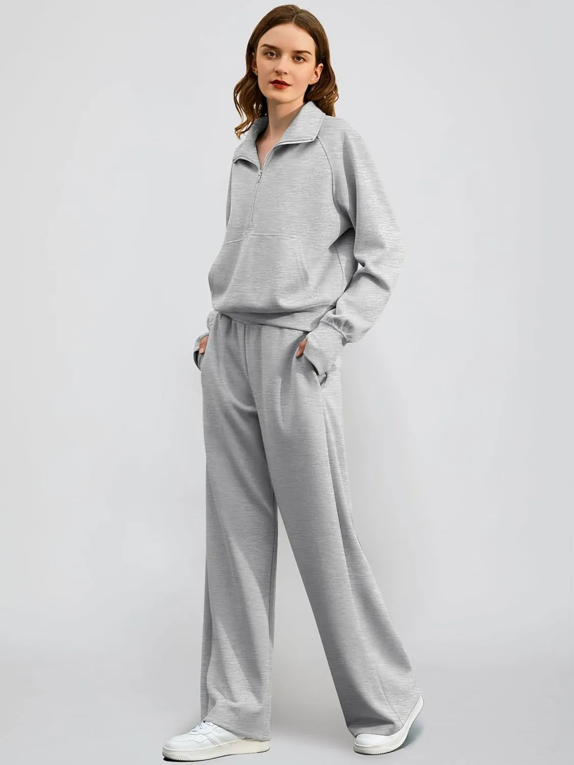 Women's 2 Piece Outfits Lounge Set 2025 Oversized Half Zip Sweatshirt Wide Leg Sweatpant Set Sweatsuit Tracksuit