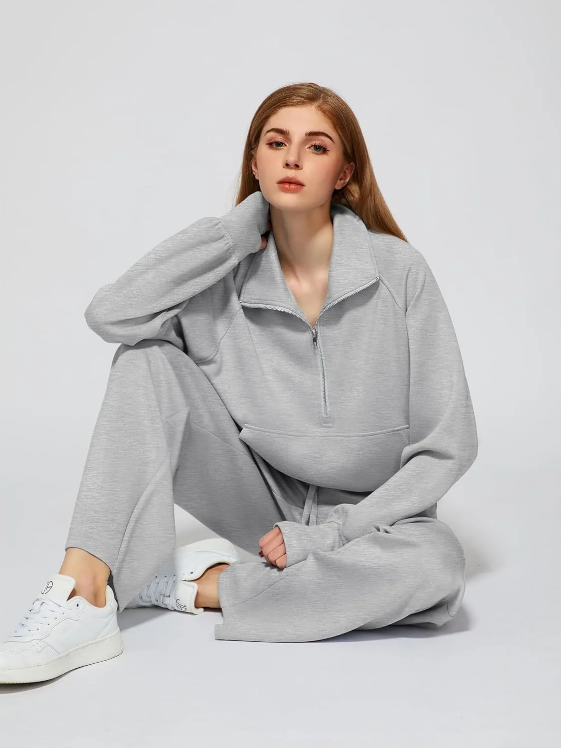 Women's 2 Piece Outfits Lounge Set 2025 Oversized Half Zip Sweatshirt Wide Leg Sweatpant Set Sweatsuit Tracksuit