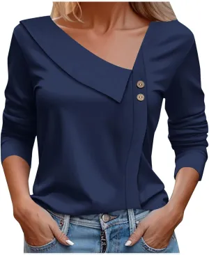 Womens Asymmetrical Neck Top 3/4 Sleeve Work Office Business Trendy Dressy Blouse Solid Color Slim Fit Casual Clothes