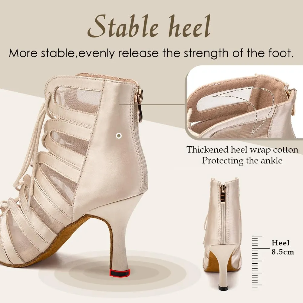 Women's Ballroom Ankle Dance Boots Lace-up Open-Toe Practice Latin Salsa Dancing Boots,Model YC-L444-Suede Sole-3.33” Heel