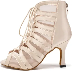 Women's Ballroom Ankle Dance Boots Lace-up Open-Toe Practice Latin Salsa Dancing Boots,Model YC-L444-Suede Sole-3.33” Heel