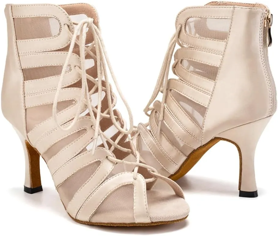 Women's Ballroom Ankle Dance Boots Lace-up Open-Toe Practice Latin Salsa Dancing Boots,Model YC-L444-Suede Sole-3.33” Heel