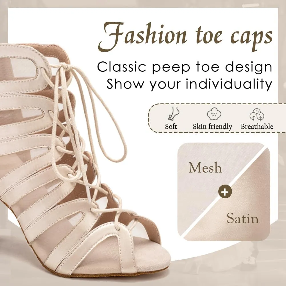 Women's Ballroom Ankle Dance Boots Lace-up Open-Toe Practice Latin Salsa Dancing Boots,Model YC-L444-Suede Sole-3.33” Heel