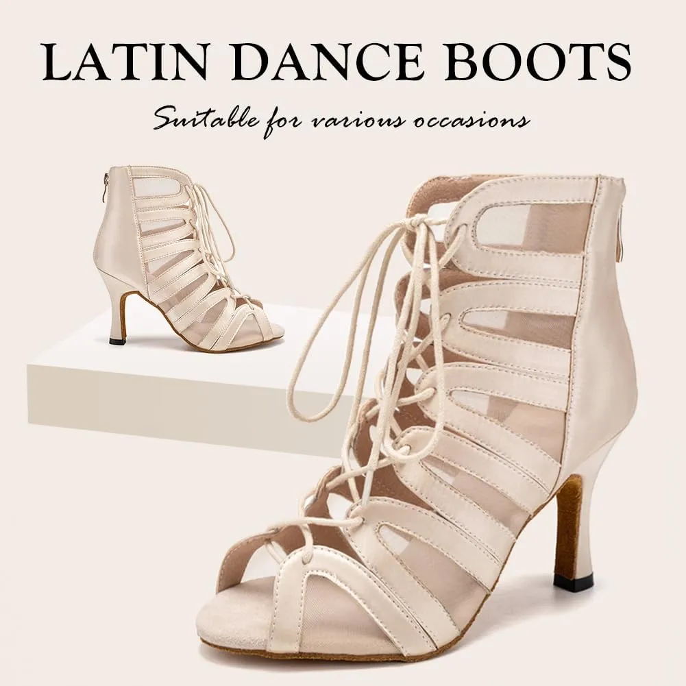 Women's Ballroom Ankle Dance Boots Lace-up Open-Toe Practice Latin Salsa Dancing Boots,Model YC-L444-Suede Sole-3.33” Heel