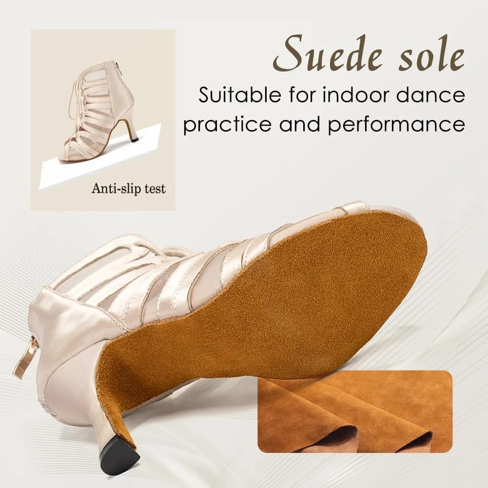 Women's Ballroom Ankle Dance Boots Lace-up Open-Toe Practice Latin Salsa Dancing Boots,Model YC-L444-Suede Sole-3.33” Heel
