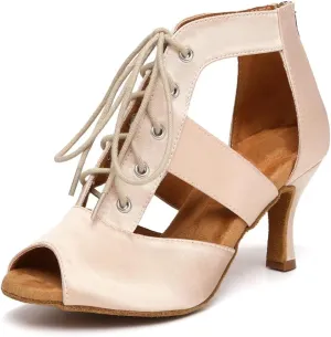 Women's Ballroom Dancing Boots Open Toe Lace Up Ankle Dance Boots Latin Salsa Practice Performance Dance Heels