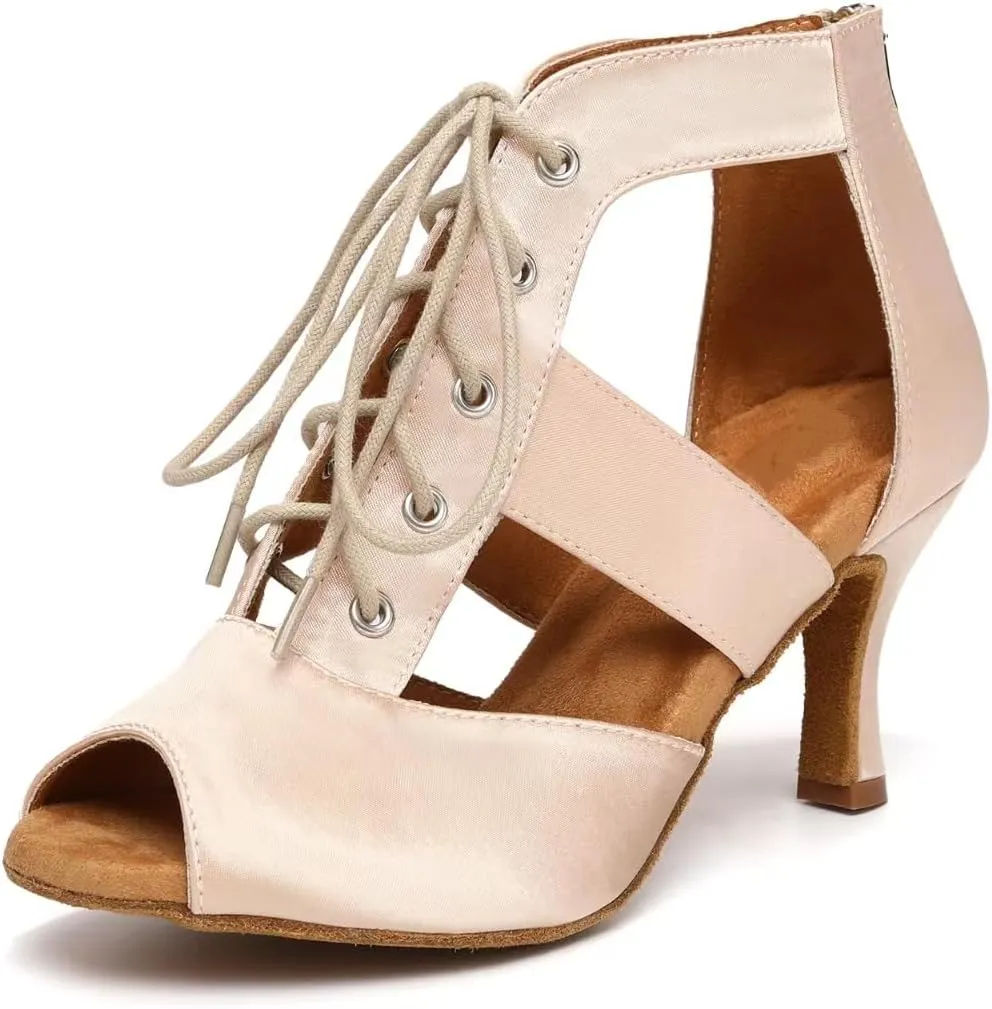 Women's Ballroom Dancing Boots Open Toe Lace Up Ankle Dance Boots Latin Salsa Practice Performance Dance Heels