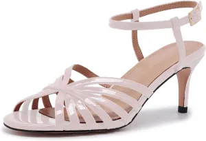 Women's Black and Gold Heels – Strappy Patent Leather Open Toe Sandals with Ankle Strap – Elegant High Heels for Party, Wedding, or Evening